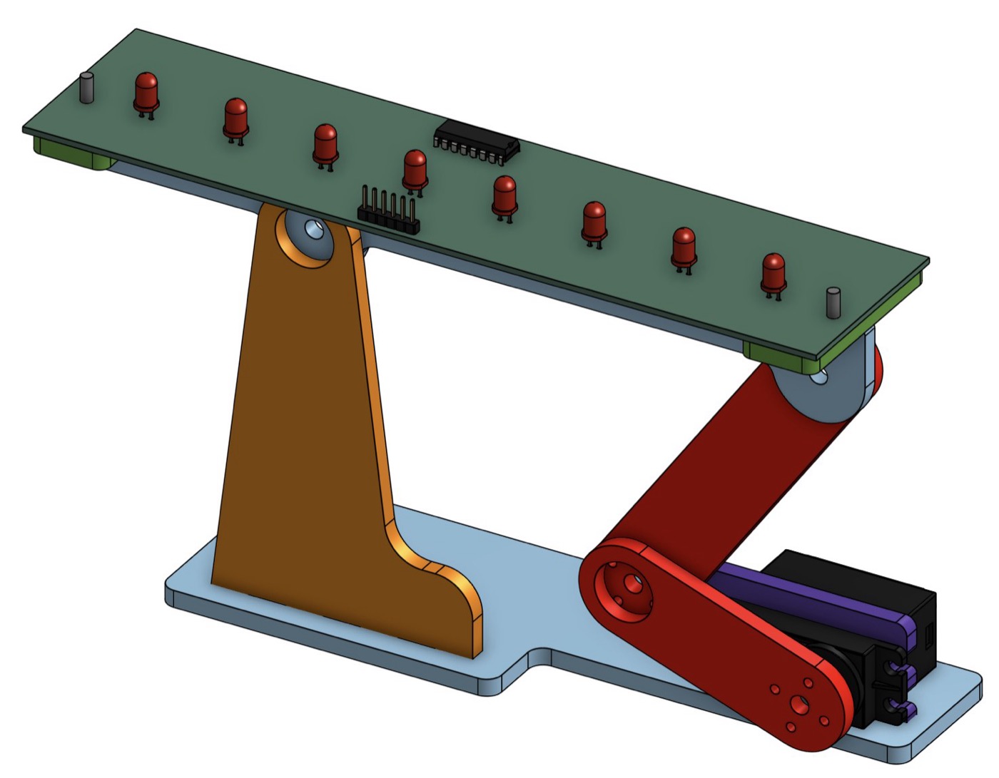 CAD assembly of the ball beam showing the tower, four-bar linkage, servo cradle, base, and sensor PCB