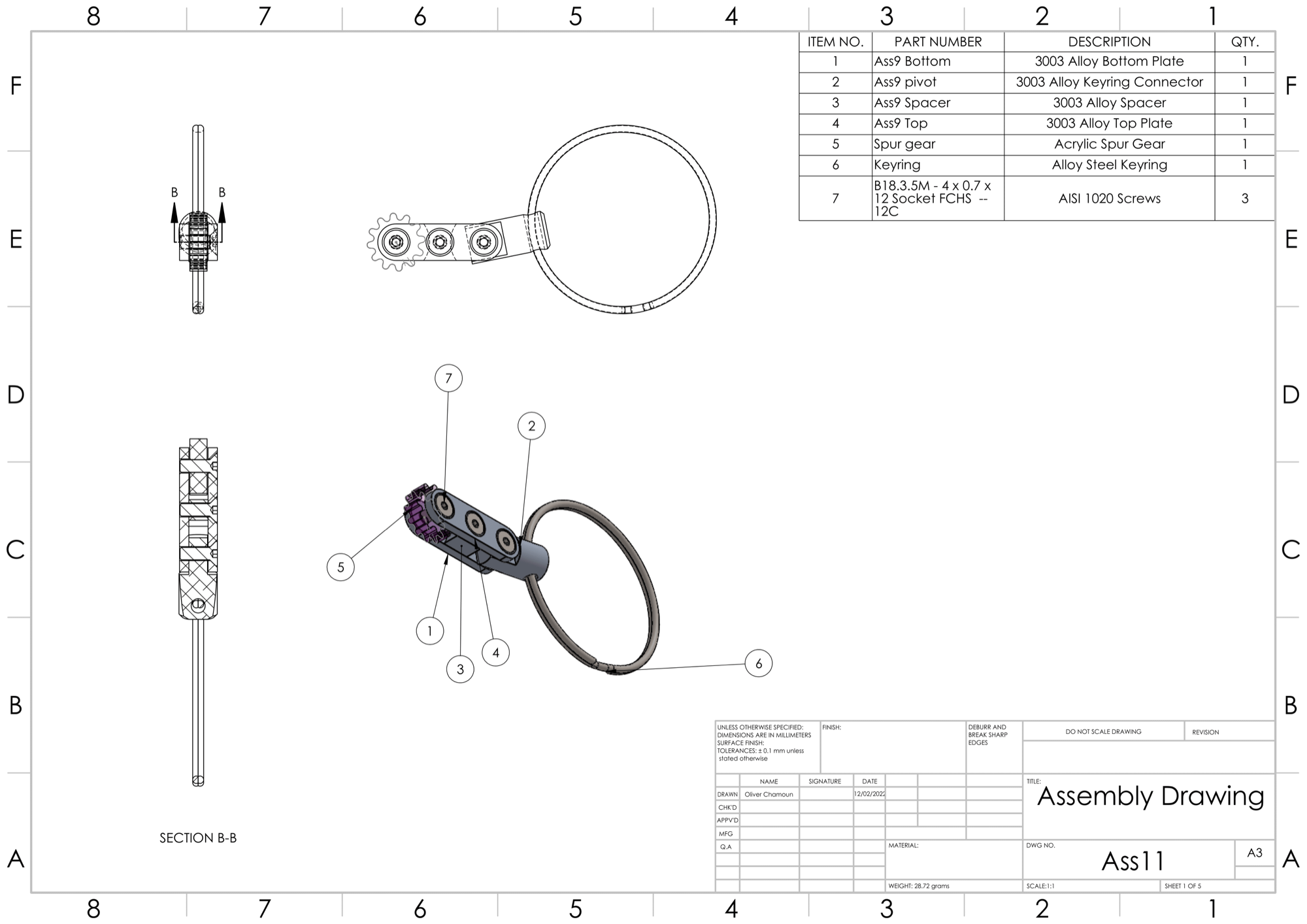 SolidWorks assembly drawing of the keychain with a bill of materials, exploded isometric view, and section B-B